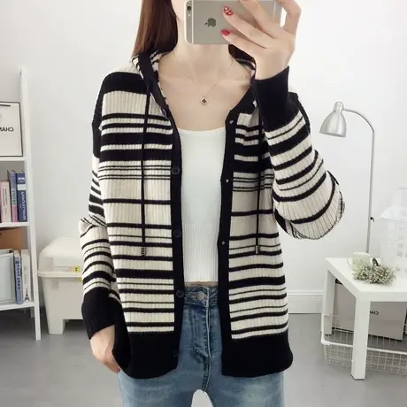 连帽条纹针织衫宽松外套秋装2023新款设计感薄款开衫外搭上衣百搭商品大图