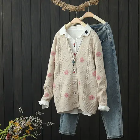 文艺提花毛衣开衫女设计感小众V领上衣秋冬2022年新款针织衫外套图片