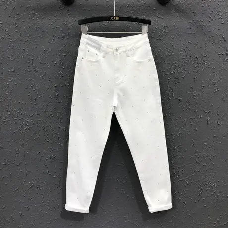 2023秋季新款欧货白色重工烫钻牛仔小脚裤女高腰显瘦弹力哈伦裤潮商品大图