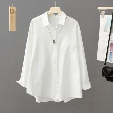 中长款简约白色衬衫女长袖2023春装新款宽松百搭开衫棉质打底衬衣商品大图