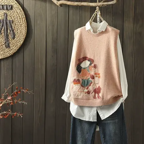 枫谜2019年秋冬新款文艺简约绣花女孩针织马甲女宽松圆领无袖毛衣商品大图