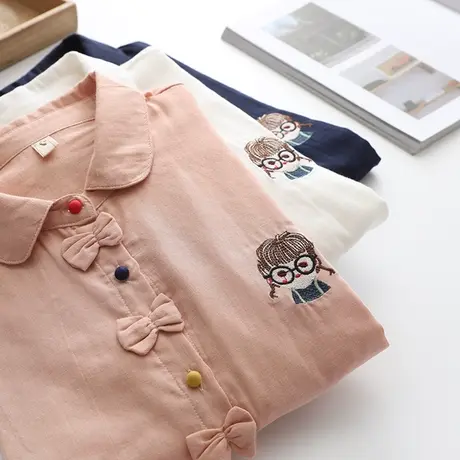 日系文艺蝴蝶结纯棉长袖衬衫女2022春秋装新款双层纱绣花打底衬衣商品大图