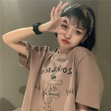 原创~2023夏季新款韩版可爱恐龙纯棉短袖T恤宽松盐系少女温柔风图片