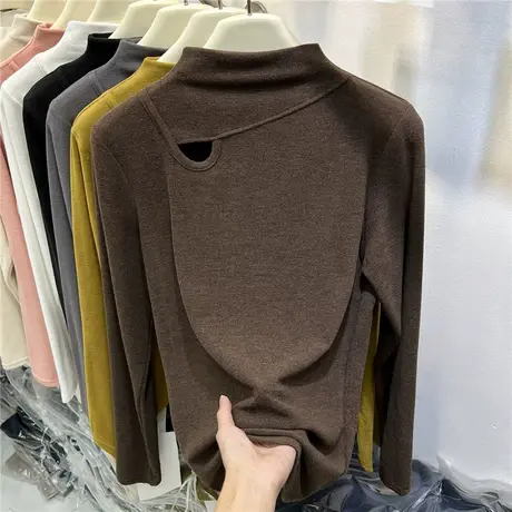 欧货半高领针织小衫女长袖2022秋冬季爆款设计感双面德绒打底上衣商品大图