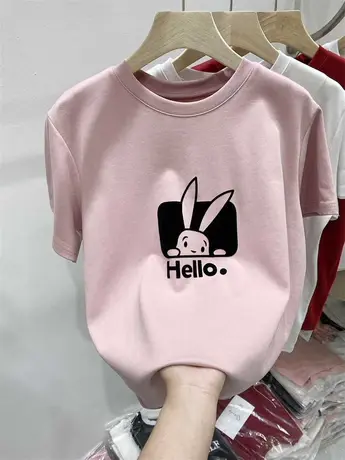 2023春季新款兔子印花短袖T恤女设计感小众宽松百搭慵懒风体恤潮图片