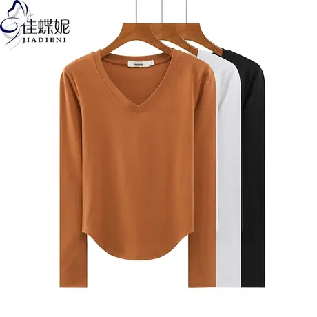 秋冬新款韩版V领下摆圆弧纯欲修身纯棉纯色长袖体恤上衣内搭女装商品大图