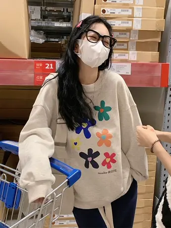 无帽卫衣女大码加绒韩版chic复古ins潮秋冬款加厚宽松小个子上衣商品大图