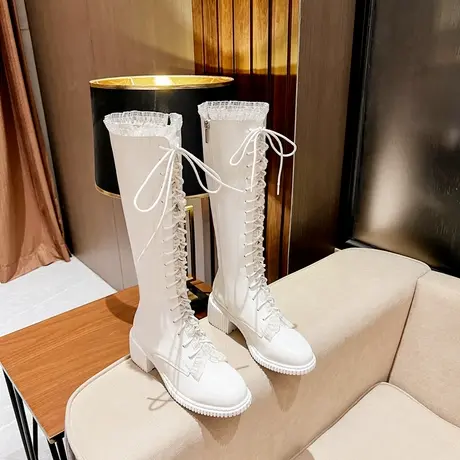 2023秋冬新款女靴白色粗跟长靴高筒靴系带花边长筒靴小个子女鞋子图片