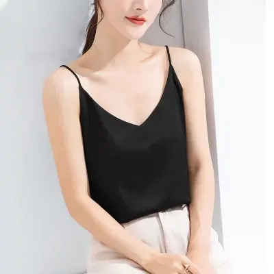 春夏季真丝吊带背心女内搭西装V领黑白色宽松打底缎面外穿上衣薄图片
