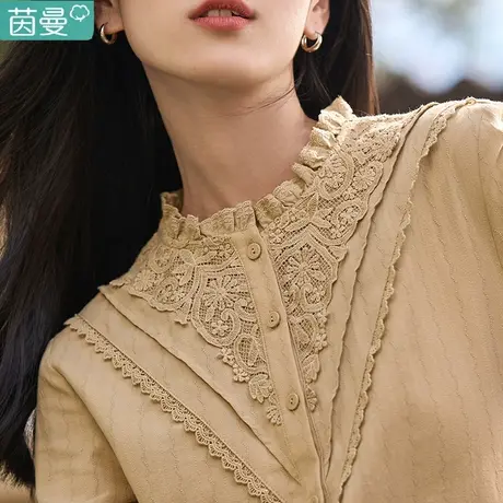 茵曼立领纯棉衬衫女士2023年秋季新款卡其色复古气质长袖衬衣上衣商品大图