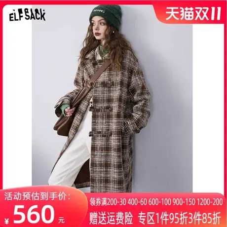 妖精的口袋格纹长款毛呢外套女2023冬季新款学院风设计感呢子大衣图片