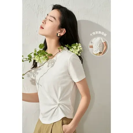 茵曼扭结不规则T恤女2023夏季新款气质显瘦别致圆领纯棉短袖上衣商品大图