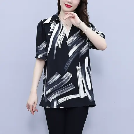 夏季女士短袖衬衣2023年新款宽松V领洋气减龄胖MM遮肉雪纺衬衫女商品大图