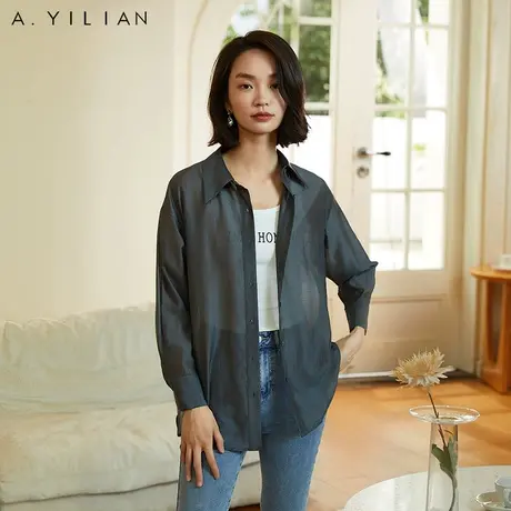 阿依莲莱赛尔天丝灰色轻薄长袖衬衫秋季2024新款女装时尚宽松上衣图片