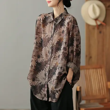 dza 文艺复古印花长袖衬衫女2023夏薄款翻领衬衣宽松显瘦开衫上衣图片