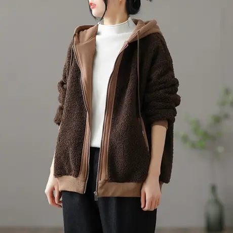 dza 复古宽松加厚羊羔毛外套女士休闲连帽羊羔绒棒球服女冬季百搭商品大图