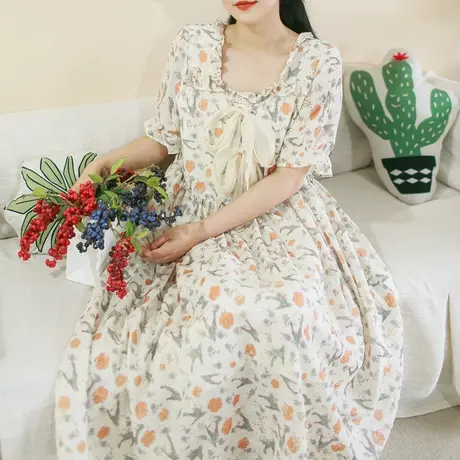 胖妹妹夏季2023新品绣花法式方领连衣裙加大码微胖蝴蝶结短袖长裙商品大图