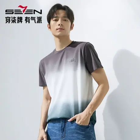 【国风图案T恤/渐变吊染】柒牌圆领短袖T恤夏季新款男士纯棉上衣图片