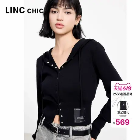 LINC金羽杰春季上衣2025新款女连帽高腰排扣针织开衫外套女CR025Y商品大图