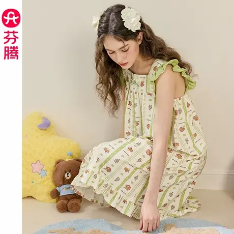 芬腾纯棉睡裙女夏季薄款无袖睡衣卡通布朗熊凉感宽松家居服连衣裙图片