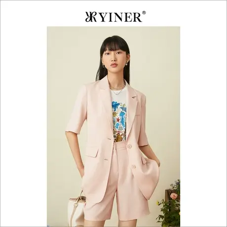 YINER音儿专柜女装2022夏季新款粉色五分袖薄款宽松西装外套女商品大图