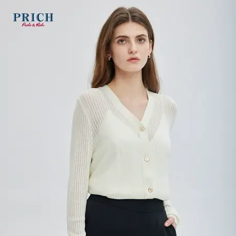 【超能小太阳严选】PRICH简约V领竖条罗纹针织衫优雅通勤上衣女商品大图