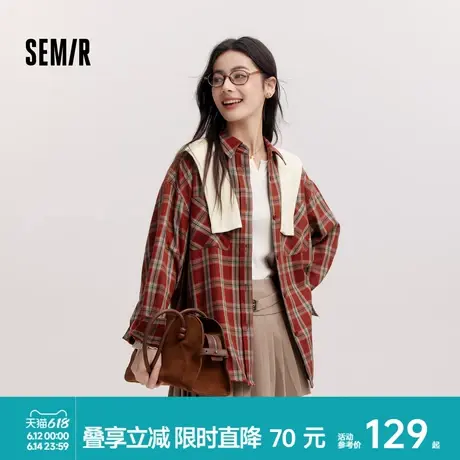[商场同款]森马长袖衬衫女中长款红色外套春2025新款格纹上衣复古图片