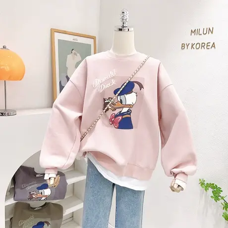 2023春季新款韩国东大门上衣复古卡通假两件拼接卫衣慵懒宽松大码商品大图