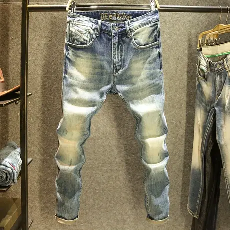 美式重磅复古做旧牛仔裤男款小直筒弹力裤子秋冬款潮牌痞帅长裤子商品大图