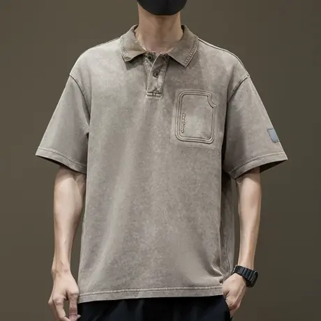 美式复古做旧水洗半袖POLO衫男夏季新款宽松大码五分袖假口袋钢印商品大图