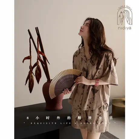 妮狄娅睡衣女夏季凉感柔软棉短袖开衫款国风水墨画复古家居服套装商品大图