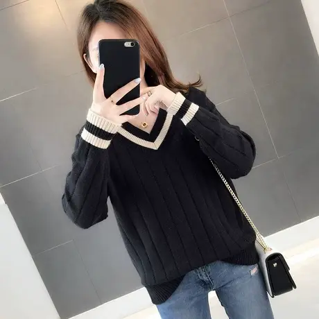 2024秋冬新款V领拼色毛衣女宽松外穿显瘦毛衣女打底针织衫女套头图片