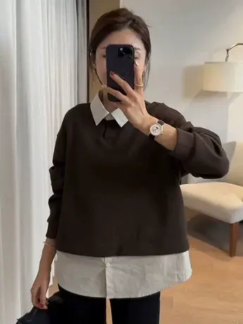 欧货高定假两件卫衣女秋季新款设计感长袖衬衣POLO领休闲百搭上衣商品大图