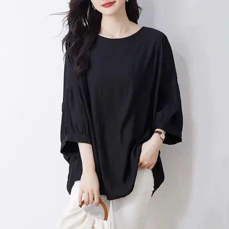 七分袖雪纺衫女夏季新款宽松加大码女装中年妈妈遮肚休闲显瘦上衣商品大图