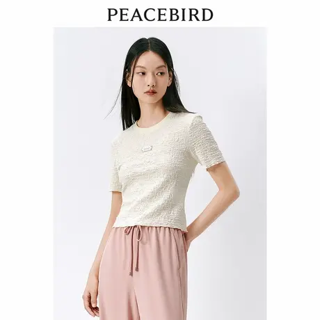 太平鸟褶皱肌理T恤女短袖夏新款圆领短款修身显瘦白色小上衣图片