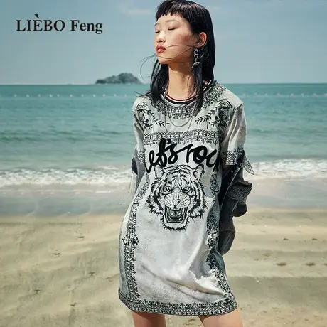 裂帛LIEBOFeng设计师品牌2023年国潮复古老虎印花高街短袖连衣裙图片