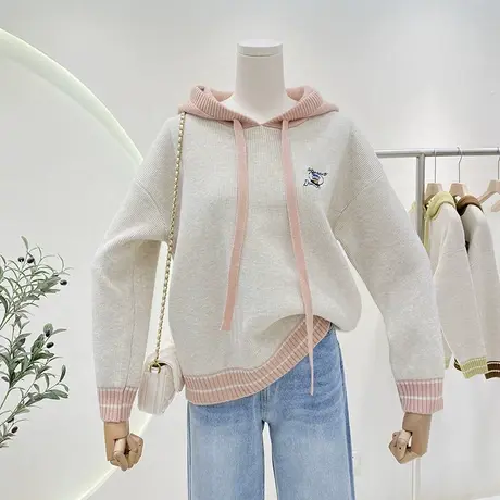 小鸭子连帽毛衣女秋冬2022新款时尚百搭厚款撞色针织帽衫上衣外套图片