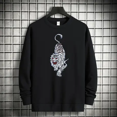 380g重磅纯棉国潮卫衣男圆领长袖t恤老虎印花摇粒绒黑色无帽上衣图片