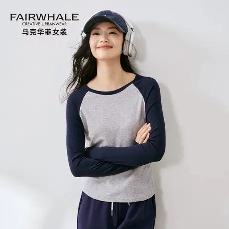 马克华菲撞色插肩长袖T恤女2025新款纯棉显瘦宽松圆领内搭打底衫商品大图