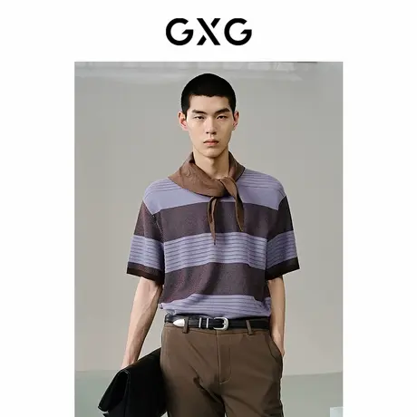 【X】GXG男装棕蓝条撞色短袖T恤2024年春季品GFX14400171图片