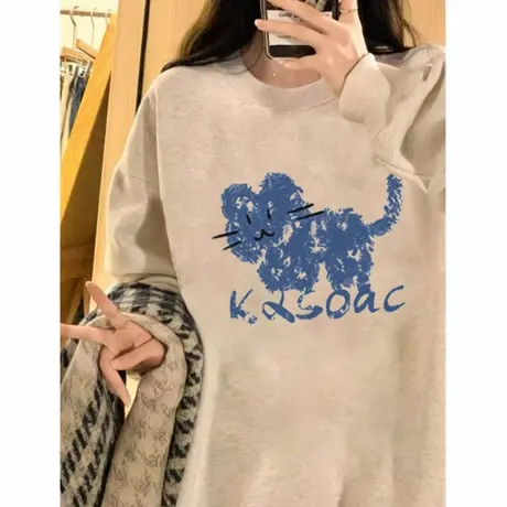 美式慵懒chic可爱猫咪卫衣女早秋2025韩系学院超好看圆领长袖上衣商品大图