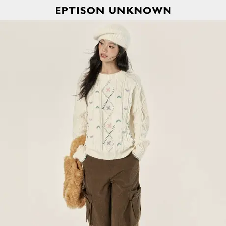 EPTISON毛衣女2025冬新款甜美慵懒软糯宽松圆领套头针织麻花上衣商品大图