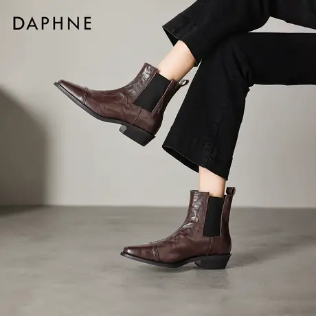 达芙妮棕色靴子女2025新款尖头小短靴秋冬弹力瘦瘦靴加绒马丁靴女图片