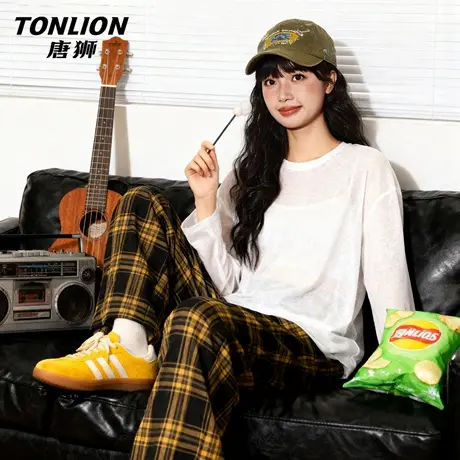 唐狮官方宽松长袖罩衫女2026新款春夏轻薄圆领慵懒小衫t恤上衣VC图片