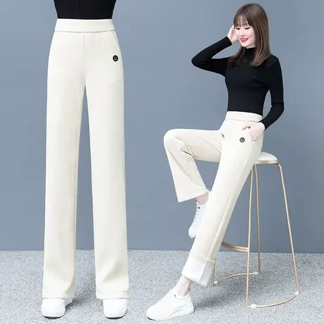 白色雪尼尔阔腿裤女士2023秋冬季新款高腰垂感宽松休闲直筒裤子图片