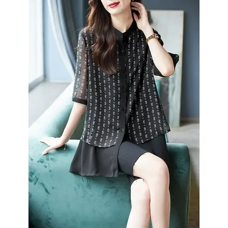 宝诗黎小立领假两件印花衬衫女新款上衣2023夏季五分袖设计感衬衣商品大图