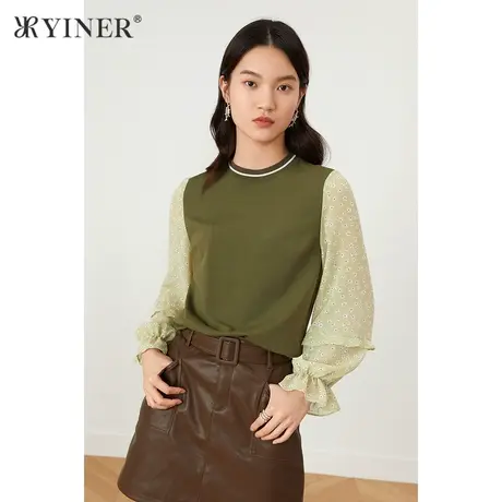 YINER音儿女装2021秋季新款圆领拼接长袖衬衫商品大图