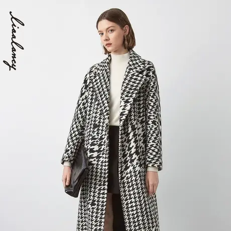 LANCY/朗姿羊毛大衣冬季新款格纹宽松印花高级感羊绒外套商品大图