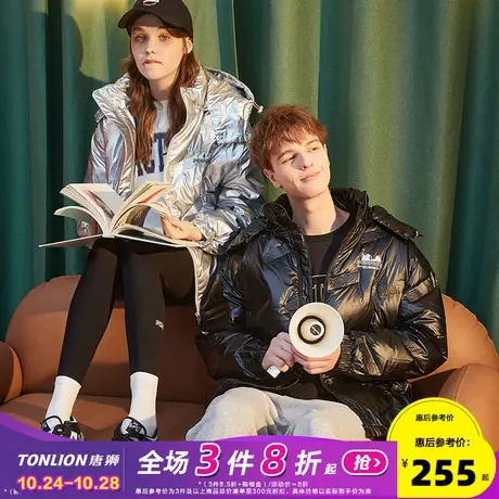[史努比联名]唐狮冬季连帽情侣装羽绒服男女压印亮面短款厚外套潮图片