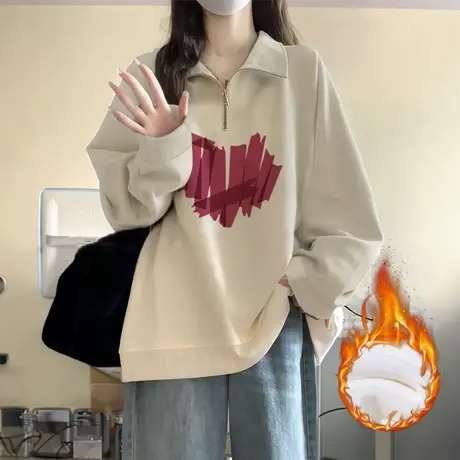 秋冬胖mm大码女装卫衣Polo领加绒保暖可内搭外套ins潮休闲风上衣商品大图